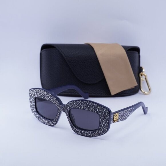 Loewe LW4114IS 90A Rectangle Sunglasses – Navy with Crystal Studs \\Smoke main image 8